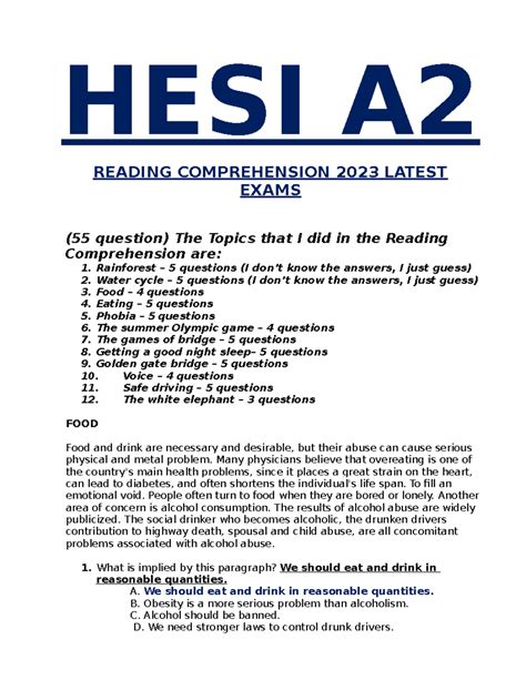 hesi reading exam